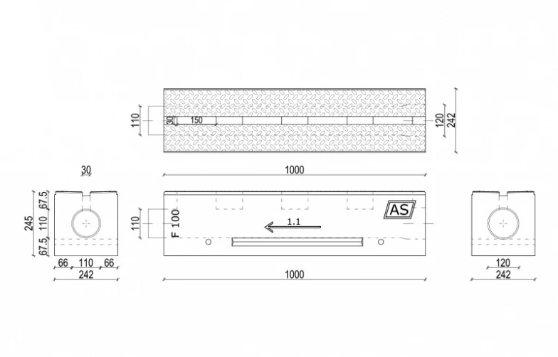 1m Schlitzrinne verstärkt AS-S100R Betonrinne Monoblock 24x25cm DN100 D400 E600 F900 Entwässerungsrinne