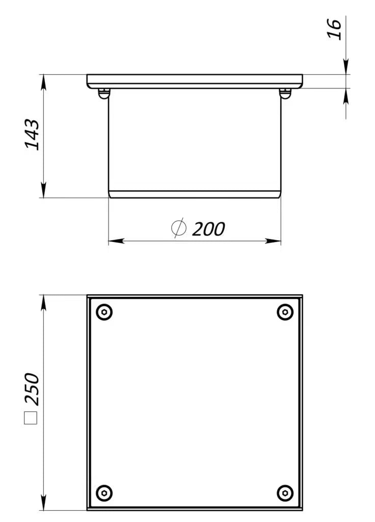 Reinigungsverschluss aus Edelstahl 250×250 mm mit Ablauf DN200 B125