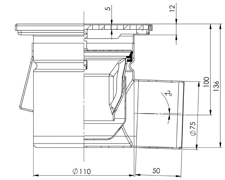 Bodenablauf 150x150mm, Edelstahl-Mini-Ablauf DN 75, horizontal – quadratisch – einteilig