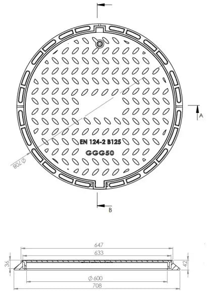 Schachtabdeckung Schachtdeckel  B125 Fi600 Ø 708mm MK210 Duktiles Gusseisen