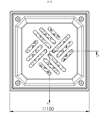 Bodenablauf 150x150mm, Edelstahl-Mini-Ablauf DN 50, Blechrost verbohrt, vertikal – quadratisch – einteilig