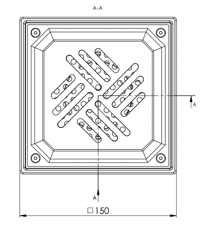 Bodenablauf 150x150mm, Edelstahl-Mini-Ablauf DN 75, Blechrost verbohrt, vertikal – quadratisch – einteilig