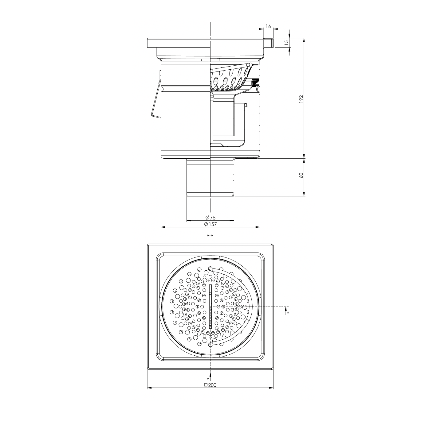 Bodenablauf 200x200mm, Edelstahl-Profi-Ablauf  DN 75, vertikal - einteilig - eckig