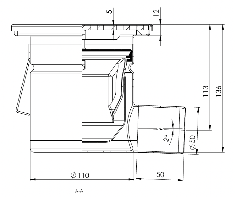 Bodenablauf 150x150mm, Edelstahl-Mini-Ablauf DN 50, horizontal – quadratisch – einteilig