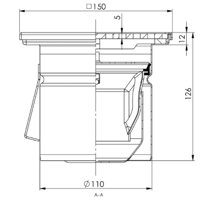 Bodenablauf 150x150mm, Edelstahl-Mini-Ablauf DN 110, vertikal – quadratisch – einteilig