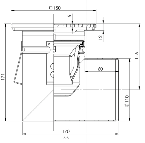 Bodenablauf 150x150mm, Edelstahl-Mini-Ablauf DN 110, horizontal – quadratisch – einteilig