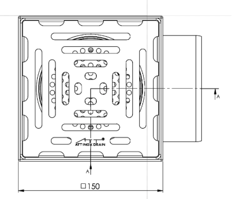 Bodenablauf 150x150mm, Edelstahl-Mini-Ablauf DN 110, horizontal – quadratisch – einteilig