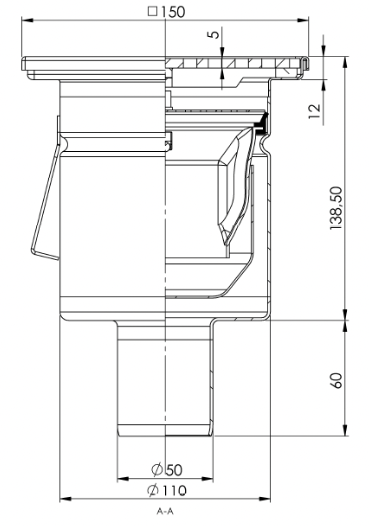 Bodenablauf 150x150mm, Edelstahl-Mini-Ablauf DN 50, vertikal – quadratisch – einteilig