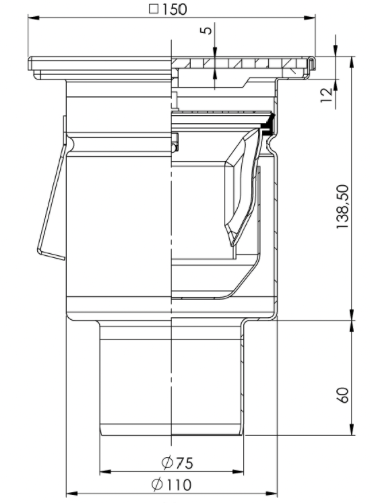 Bodenablauf 150x150mm, Edelstahl-Mini-Ablauf DN 75, vertikal – quadratisch – einteilig