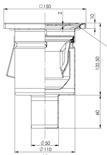 Bodenablauf 150x150mm, Edelstahl-Mini-Ablauf DN 50, Blechrost verbohrt, vertikal – quadratisch – einteilig