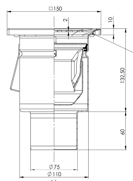 Bodenablauf 150x150mm, Edelstahl-Mini-Ablauf DN 75, Blechrost verbohrt, vertikal – quadratisch – einteilig