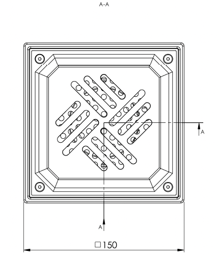 Bodenablauf 150x150mm, Edelstahl-Mini-Ablauf DN 110, Blechrost verbohrt, vertikal – quadratisch – einteilig