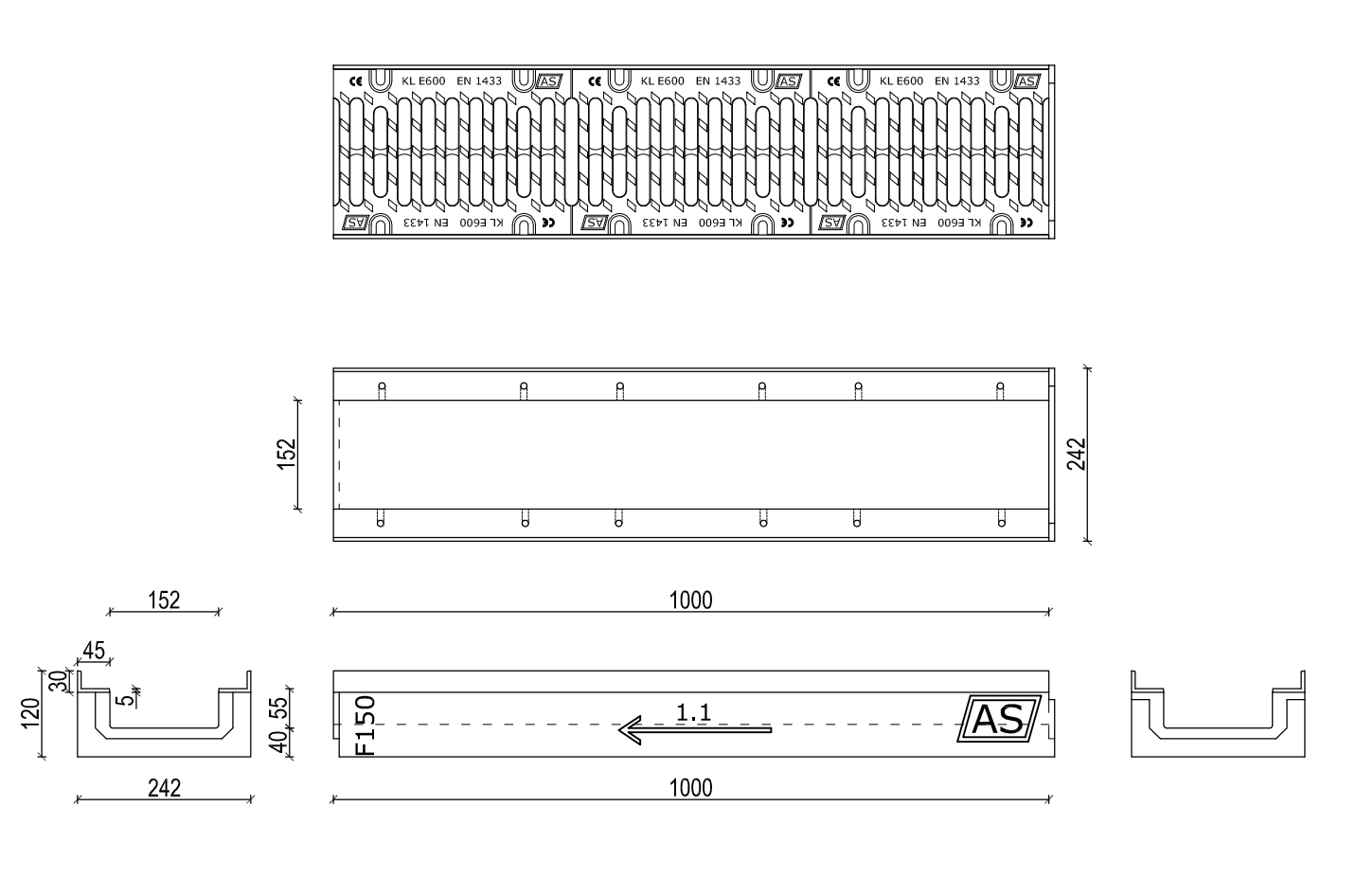 1m. Set Beton-Entwässerungsrinne RedLine AS-A150 12x24cm C250-F900kN inkl. Gussrost & Kantenschutz