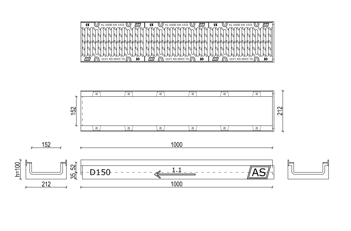 1m. Set Beton-Entwässerungsrinne RedLine AS-A150T 10x21cm C250-D400kN inkl. Gussrost & Kantenschutz