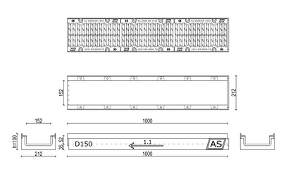 1m. Set Beton-Entwässerungsrinne RedLine AS-A150T 21×10cm C250-D400kN inkl. Gussrost & Kantenschutz