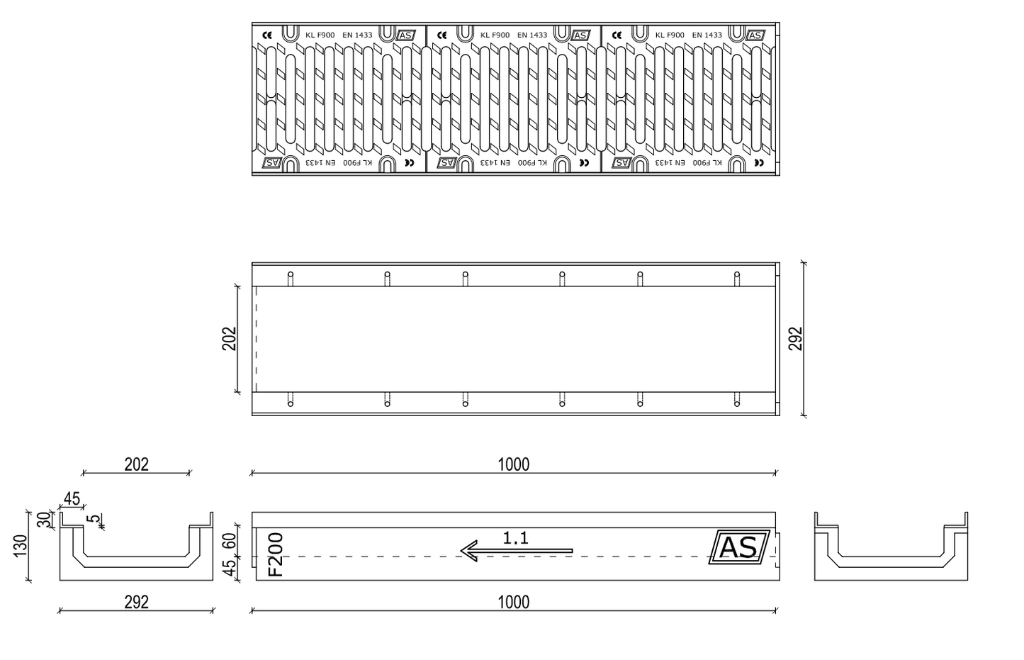 1m. Set Beton-Entwässerungsrinne RedLine AS-A200 13x29cm C250-F900kN inkl. Gussrost & Kantenschutz