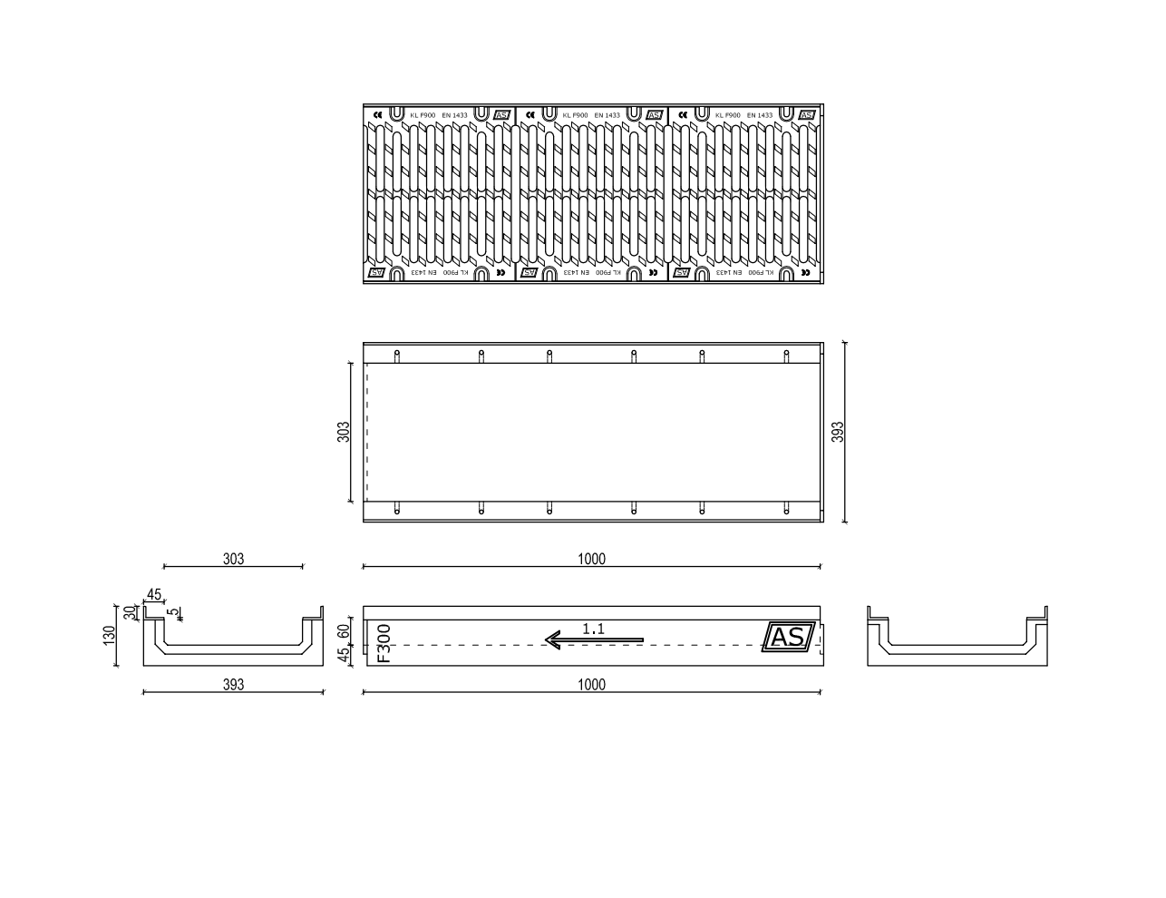 1m. Set Beton-Entwässerungsrinne RedLine AS-A300 13x39cm C250-F900kN inkl. Gussrost & Kantenschutz