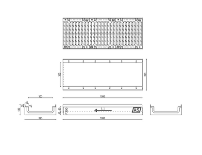 1m. Set Beton-Entwässerungsrinne RedLine AS-A300 39×13cm C250-F900kN inkl. Gussrost & Kantenschutz
