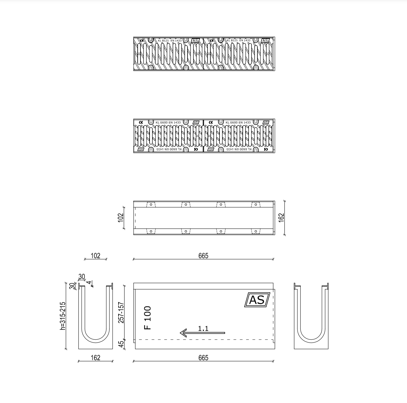 Set Beton-Entwässerungsrinne RedLine AS-100 66,5x21,5x16cm B125-F900kN inkl. Gussrost & Kantenschutz