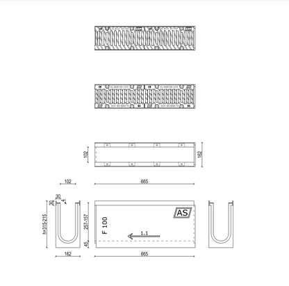 Set Beton-Entwässerungsrinne RedLine AS-100 66,5x21,5x16cm B125-F900kN inkl. Gussrost & Kantenschutz