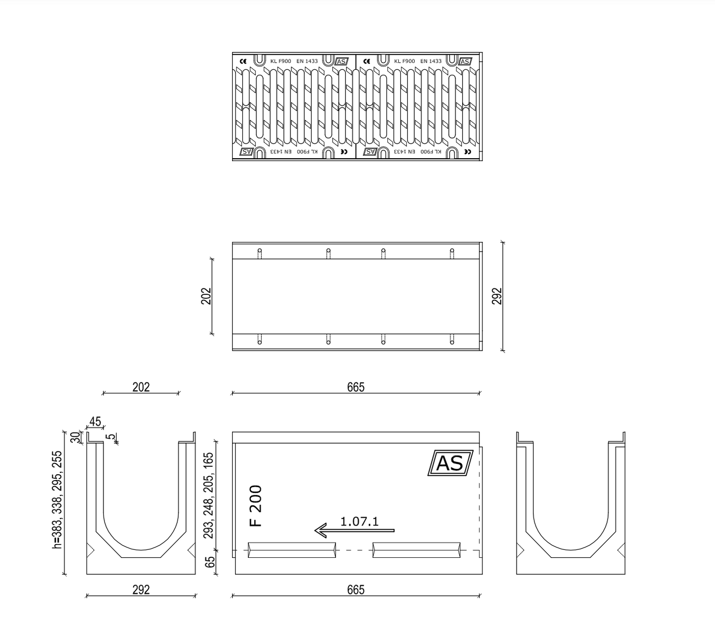 Set Beton-Entwässerungsrinne RedLine AS-200 66,5x25,5x29cm C250-F900kN inkl. Gussrost & Kantenschutz