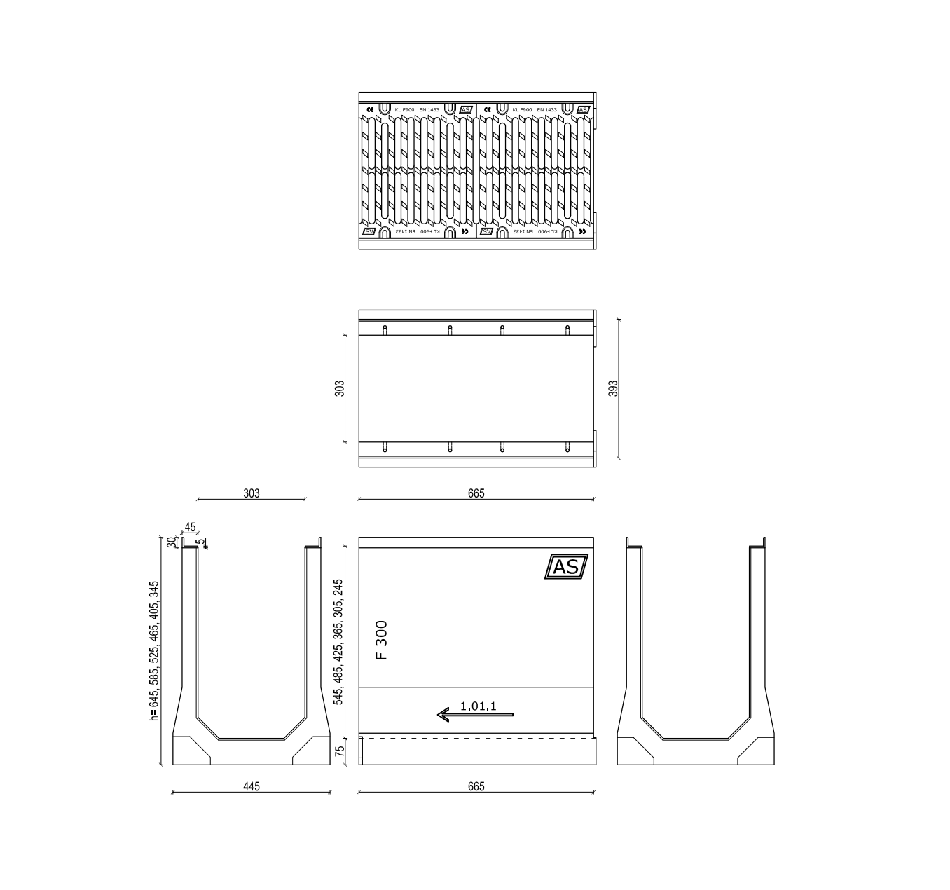 Set Beton-Entwässerungsrinne RedLine AS-300 66,5x58,5x39cm C250-F900kN inkl. Gussrost & Kantenschutz