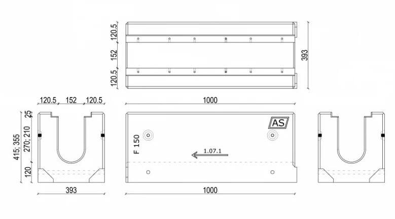 1m. Stahlbeton-Entwässerungsrinne AS-150 Typ1 35,5x39cm C250-F900kN inkl. Gussrost