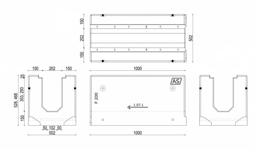 1m. Stahlbeton-Entwässerungsrinne AS-200 Typ1 53x50cm C250-F900kN inkl. Gussrost