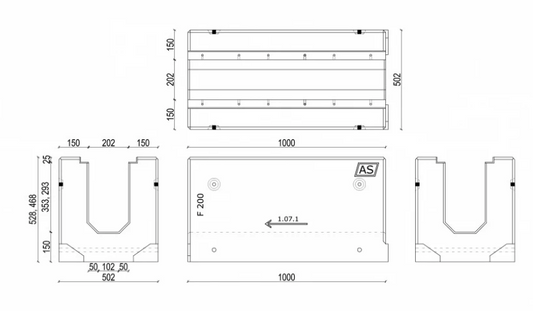 1m. Stahlbeton-Entwässerungsrinne AS-200 Typ1 47x50cm C250-F900kN inkl. Gussrost