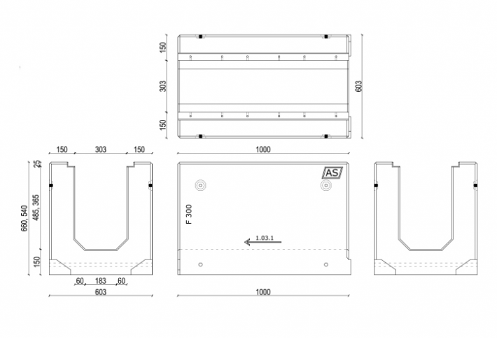 1m. Stahlbeton-Entwässerungsrinne AS-300 Typ1 54x60cm C250-F900kN inkl. Gussrost