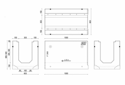 1m. Stahlbeton-Entwässerungsrinne AS-300 Typ1 66x60cm C250-F900kN inkl. Gussrost