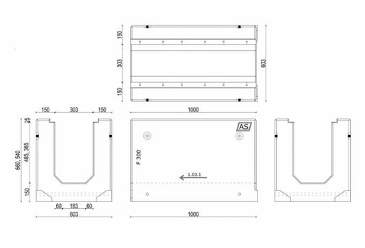 1m. Stahlbeton-Entwässerungsrinne AS-300 Typ1 66x60cm C250-F900kN inkl. Gussrost