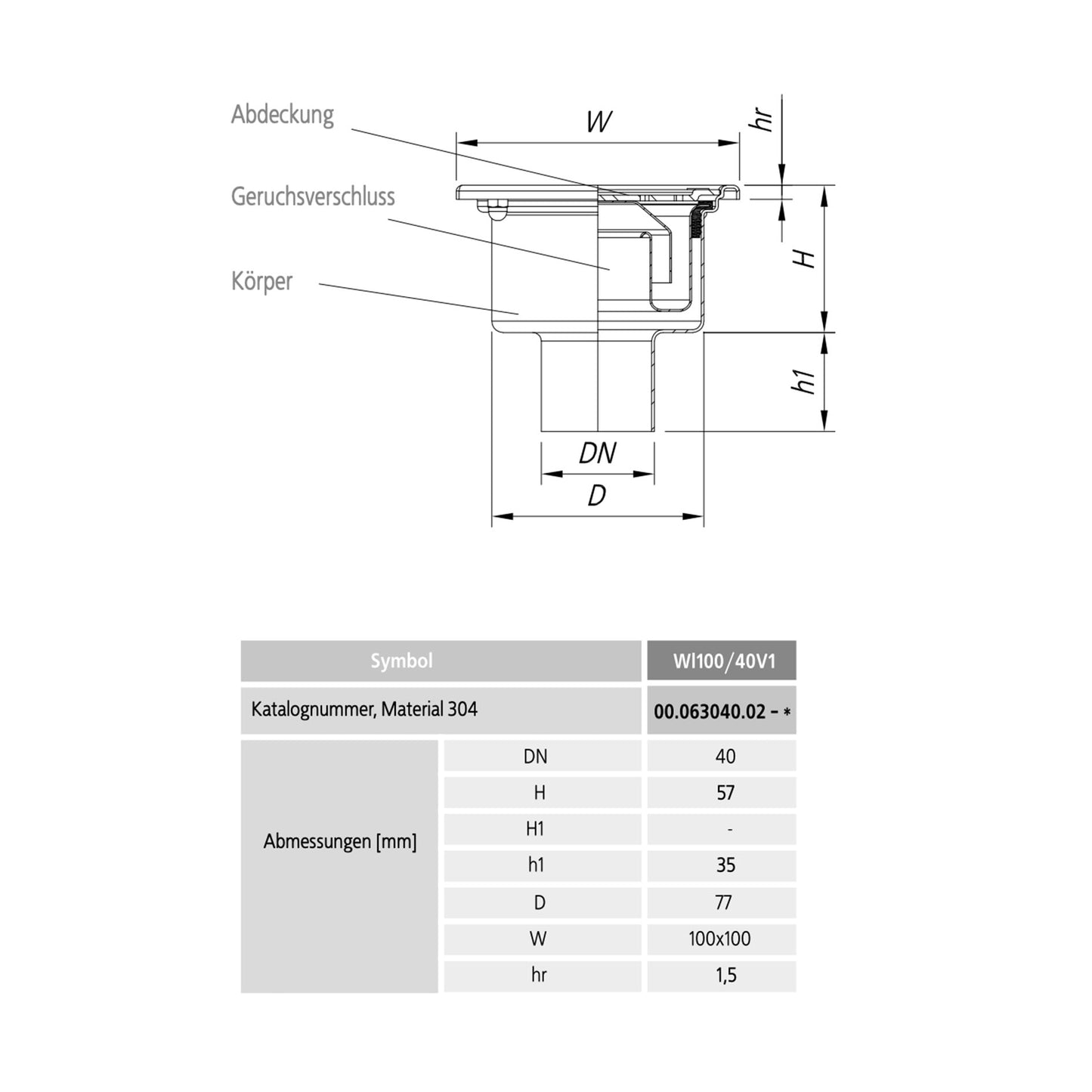 Badezimmerablauf 100x100mm, Edelstahl 304 – DN 40, vertikal – quadratisch