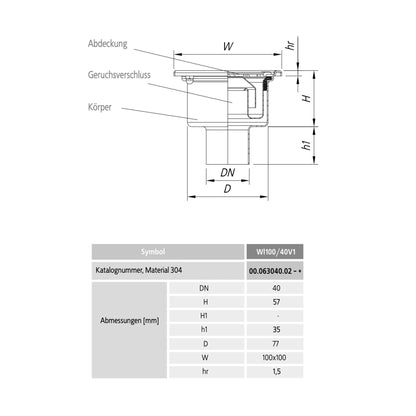 Badezimmerablauf 100x100mm, Edelstahl 304 – DN 40, vertikal – quadratisch
