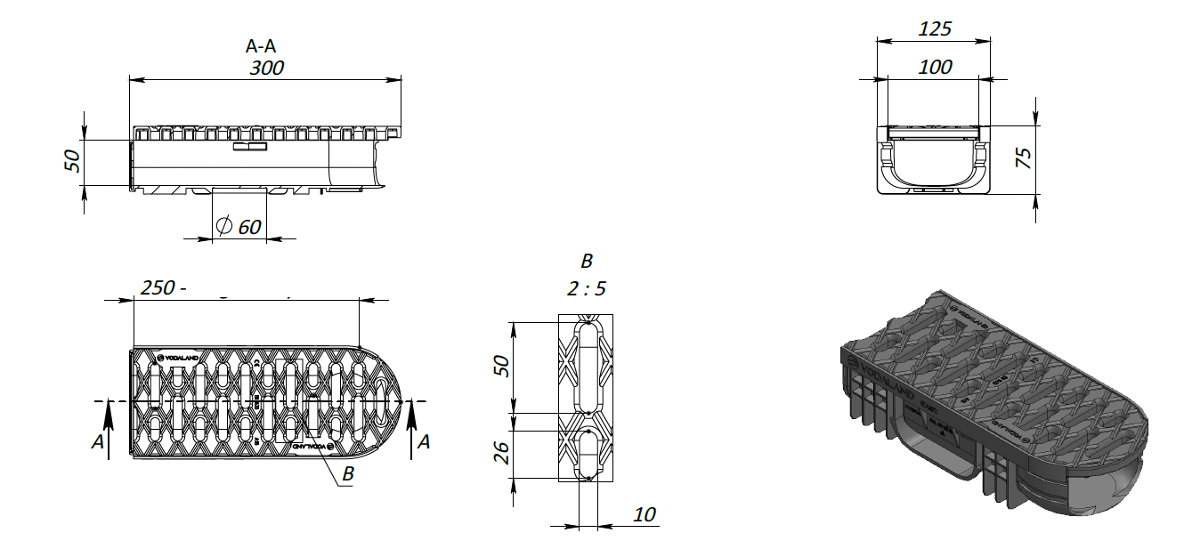 9m Entwässerungsrinne für modulares System A15 98mm, komplett Stegrost Kunststoff, Schwarz Line 9m Entwässerungsrinne für modulares System A15 98mm, komplett Stegrost Kunststoff, Schwarz Line