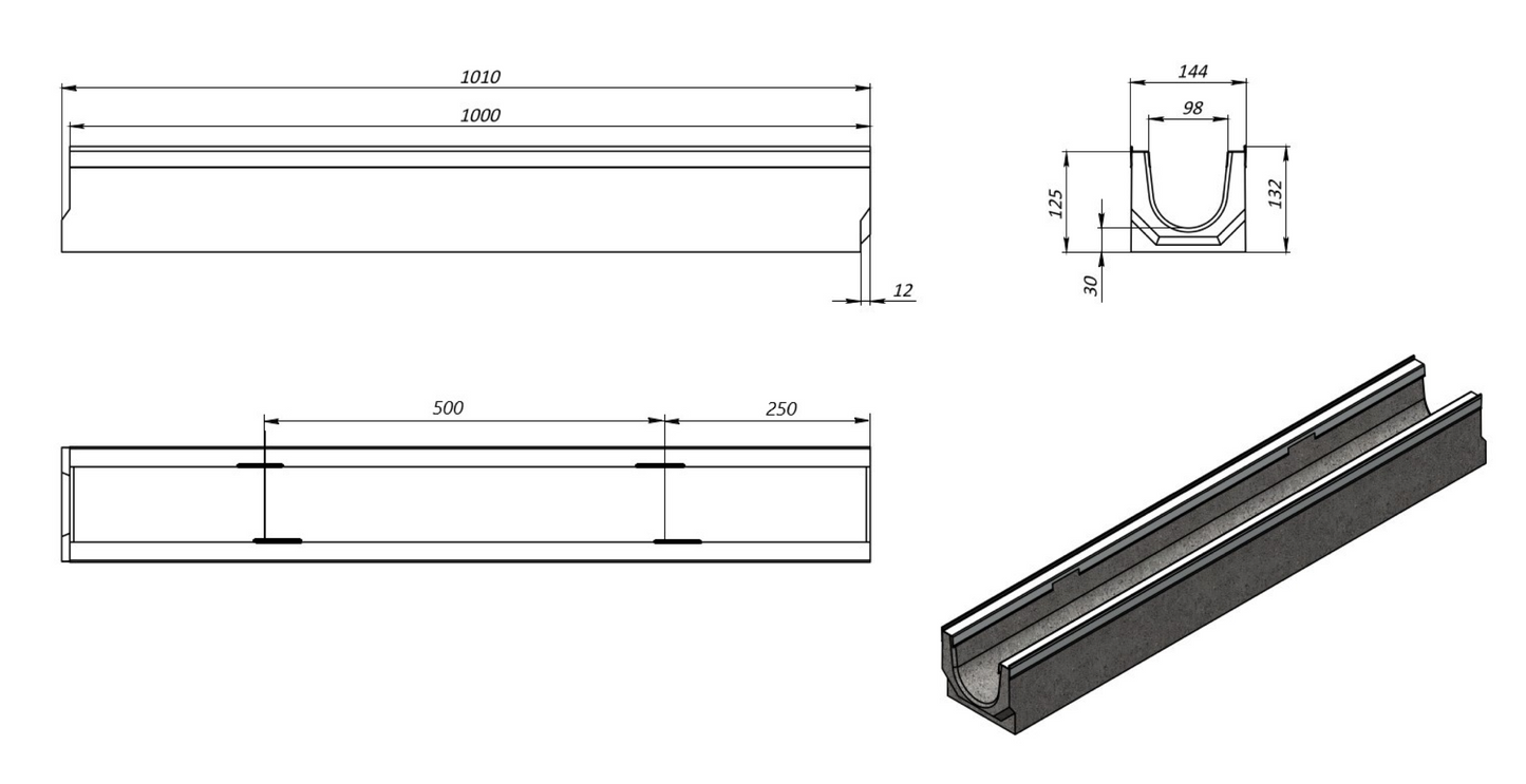 Entwässerungsrinne 1m. set Betonrinne C250 14x12,5 cm inkl. Gussrost C250 ohne Kantenschutz