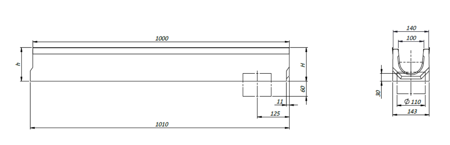 Entwässerungsrinne 1m. set Betonrinne C250 14x12,5 cm inkl. Gussrost C250 ohne Kantenschutz