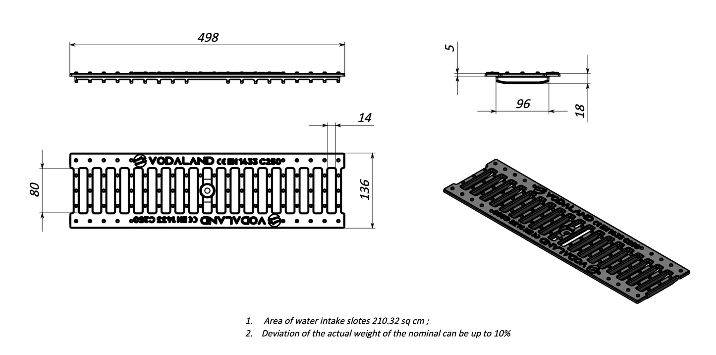 1m. set Beton Entwässerungsrinne C250 14x18 cm inkl. Gussrost & Kantenschutz C250