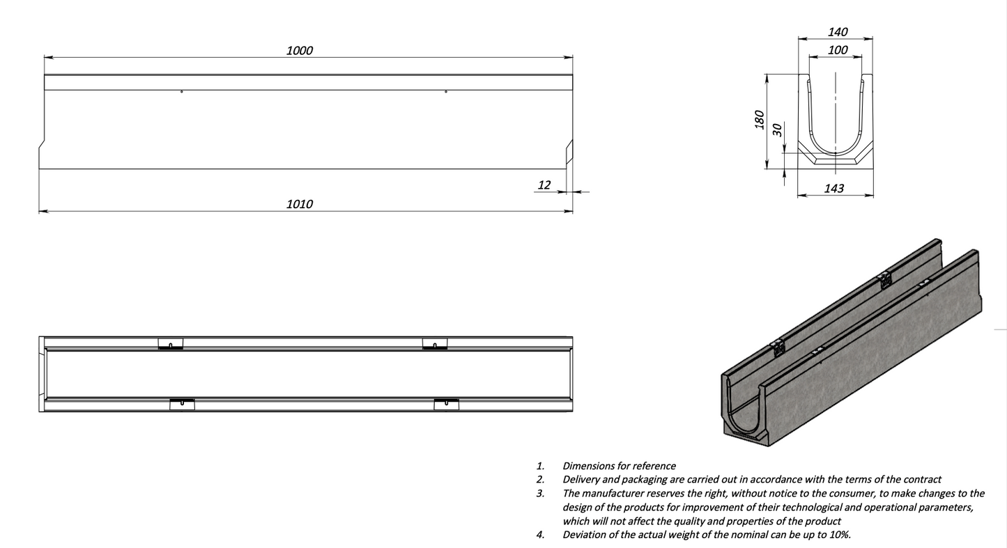 1m. set Beton Entwässerungsrinne C250 14x18 cm inkl. Gussrost & Kantenschutz C250