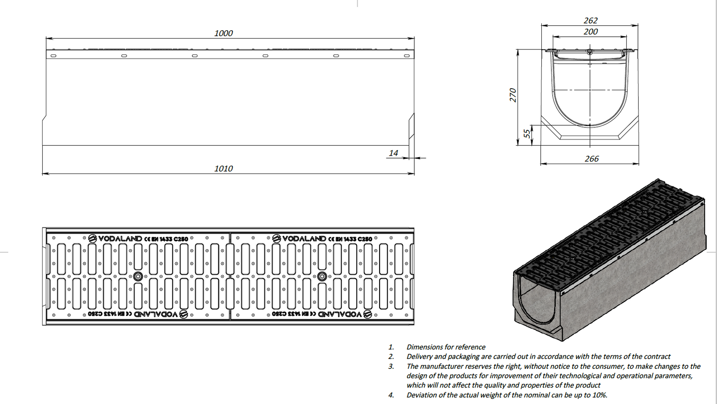 1m. set Beton Entwässerungsrinne DN200 C250 27x26 cm inkl. Gussrost & Kantenschutz C250