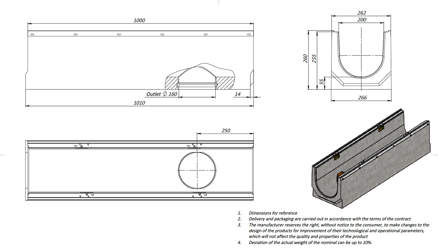 1m. set Beton Entwässerungsrinne DN200 C250 27x26 cm inkl. Gussrost & Kantenschutz C250