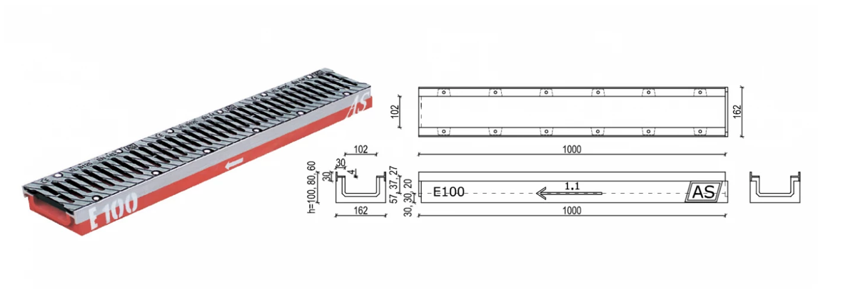 1m. Set Beton-Entwässerungsrinne RedLine AS-A100 8x16cm B125-E600kN inkl. Gussrost & Kantenschutz