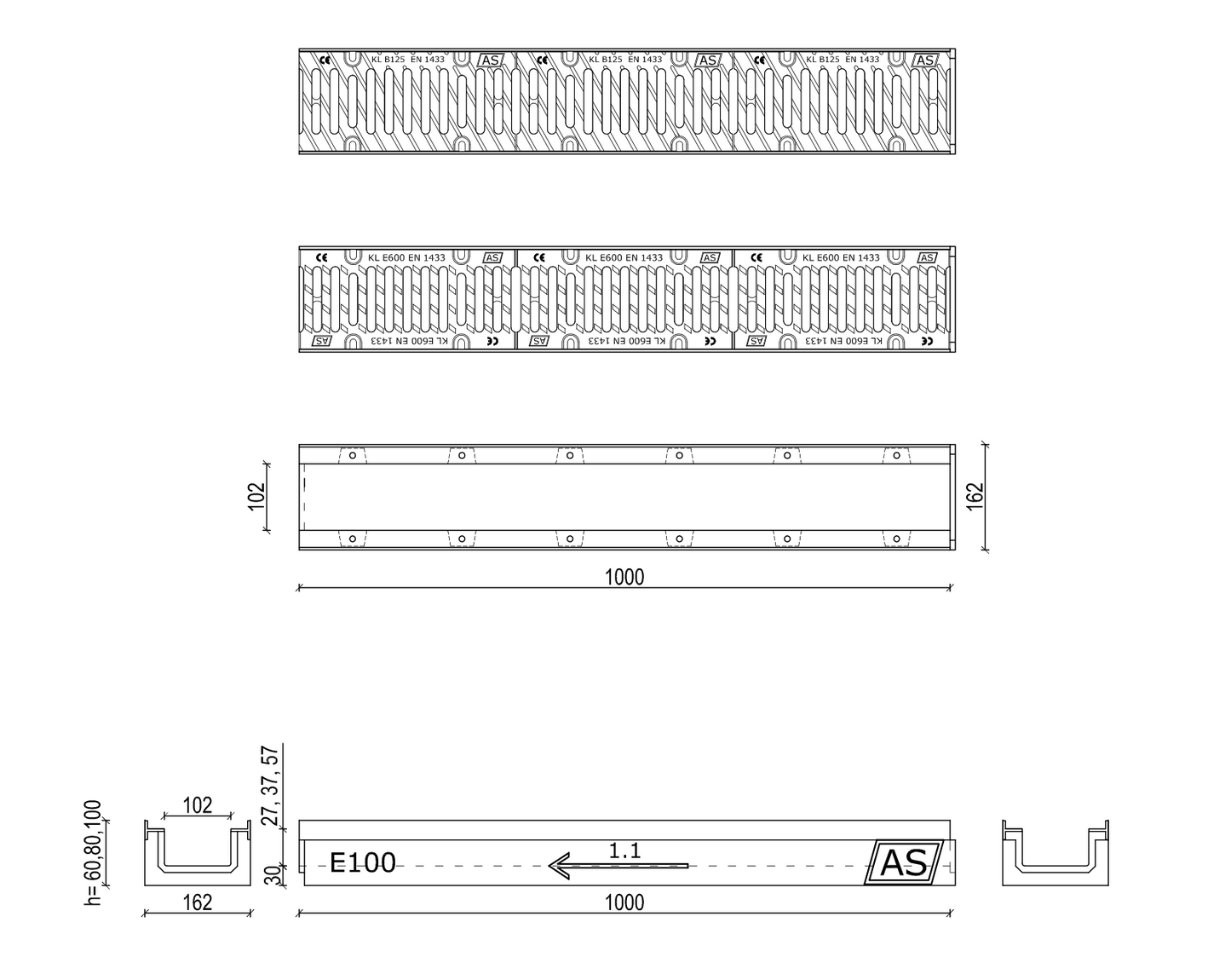 1m. Set Beton-Entwässerungsrinne RedLine AS-A100 10x16cm B125-E600kN inkl. Gussrost & Kantenschutz