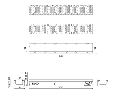 1m. Set Beton-Entwässerungsrinne RedLine AS-A100 16×10cm B125-E600kN inkl. Gussrost & Kantenschutz