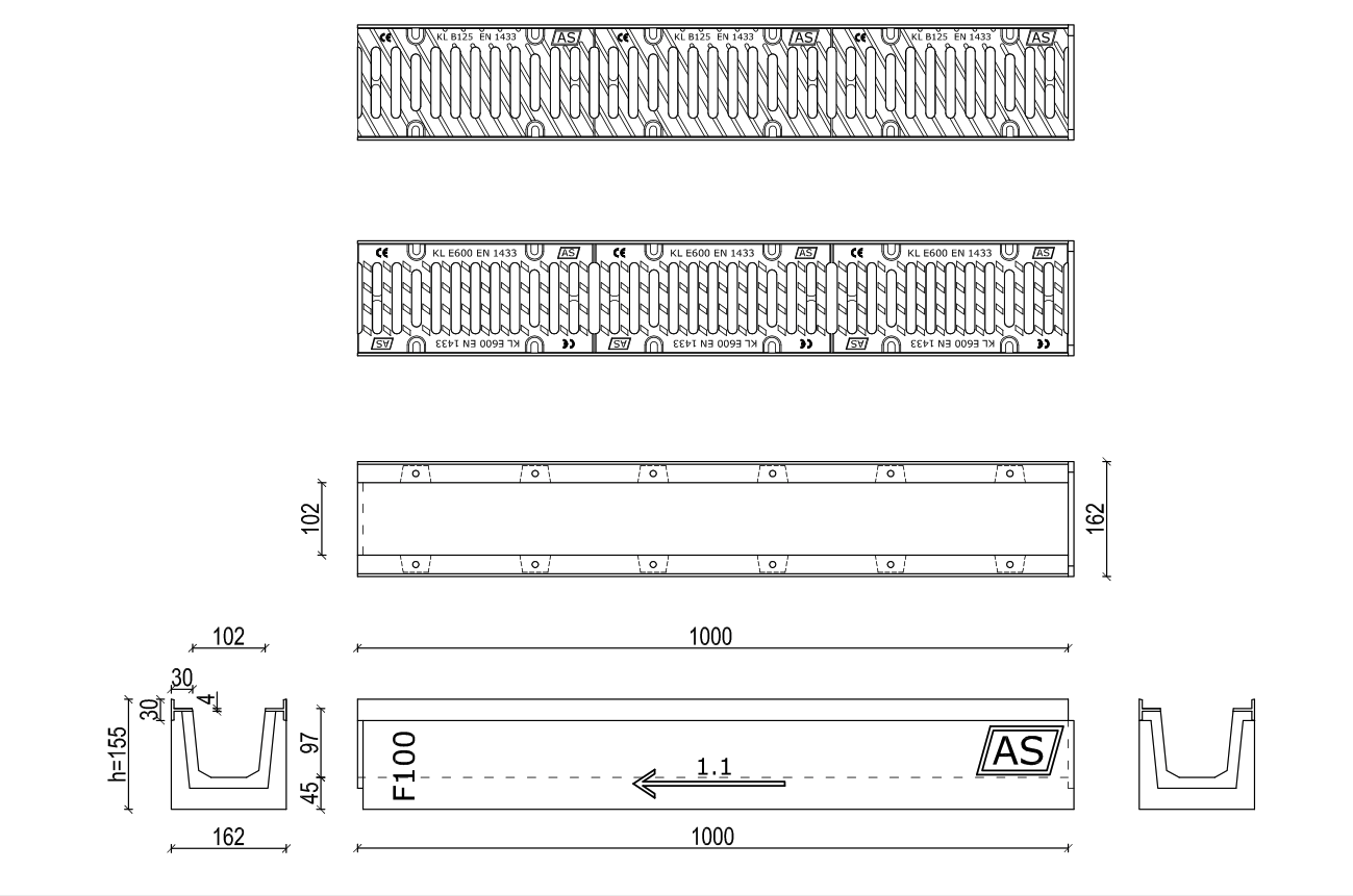 1m. Set Beton-Entwässerungsrinne RedLine AS-B100 15,5x16cm B125-F900kN inkl. Gussrost & Kantenschutz