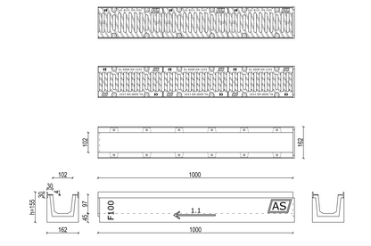 1m. Set Beton-Entwässerungsrinne RedLine AS-B100 16×15,5cm B125-F900kN inkl. Gussrost & Kantenschutz
