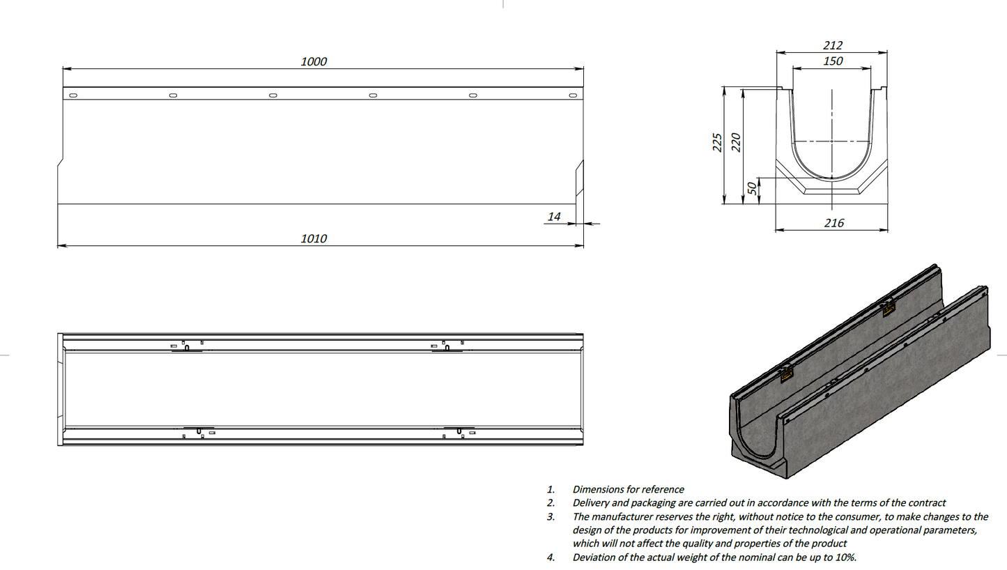 1m. set Beton Entwässerungsrinne DN150 C250 21x22 cm inkl. Gussrost & Kantenschutz C250