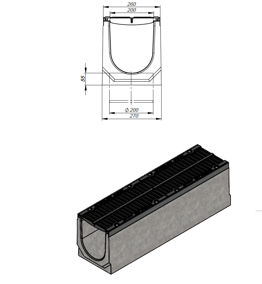 1m. set Schwerlastrinne Betonrinne DN200 26x31cm + Gussrost D400