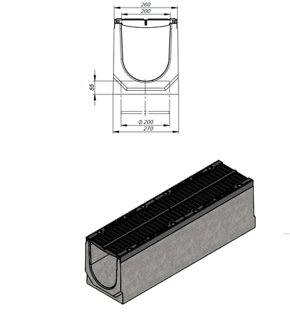 1m. set Schwerlastrinne Betonrinne DN200 26x26cm + Gussrost D400