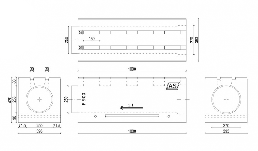 1m Schlitzrinne AS-2S250 Betonrinne Monoblock 39x42cm DN250 D400 E600 F900 Entwässerungsrinne